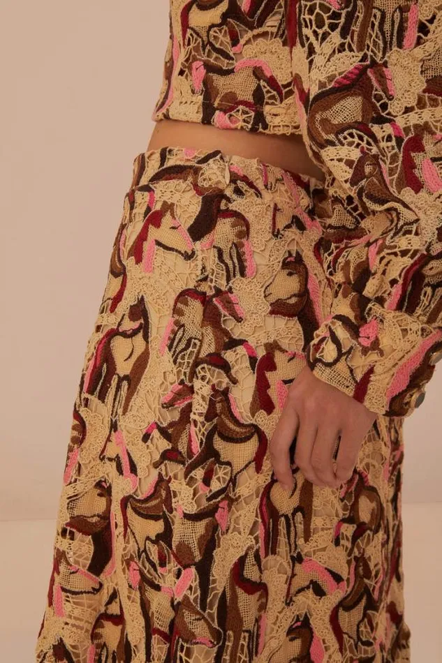 Cream Horses Guipure Midi Skirt Women FARM Rio Skirts