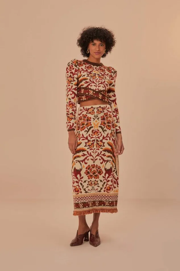 Cream Toucans Scarf Knit Midi Skirt Women FARM Rio Skirts