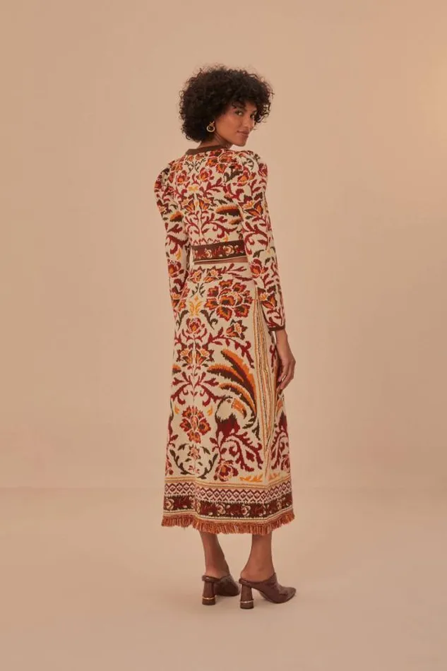 Cream Toucans Scarf Knit Midi Skirt Women FARM Rio Skirts