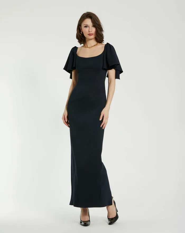 Crepe Fitted Column Dress With Short Ruffle Sleeves Navy Women Every Day Dresses Mac Duggal Crepe Fitted Column Dress With Short Ruffle Sleeves Navy Women Every Day Dresses Mac Duggal