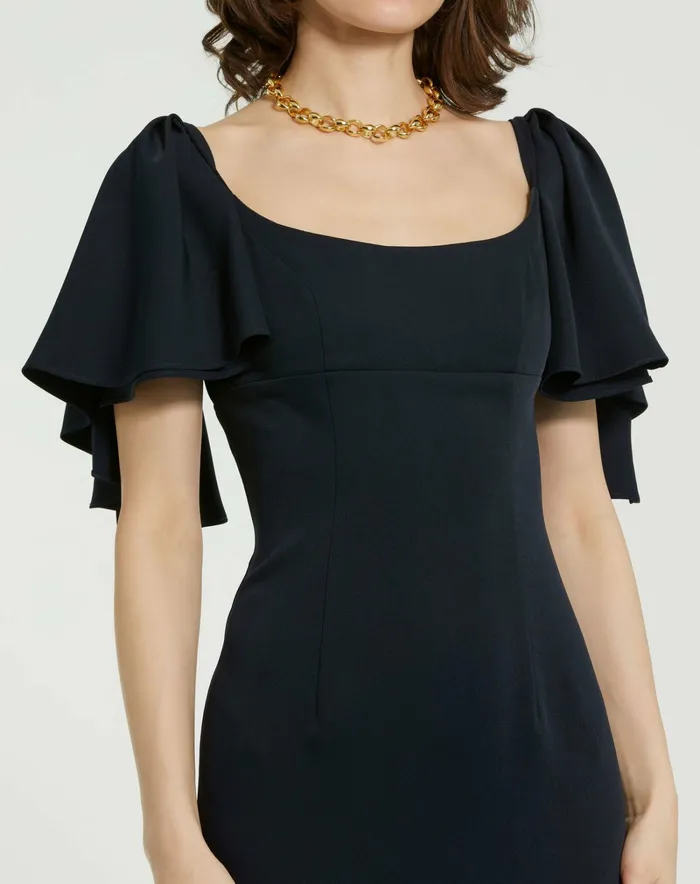 Crepe Fitted Column Dress With Short Ruffle Sleeves Navy Women Every Day Dresses Mac Duggal