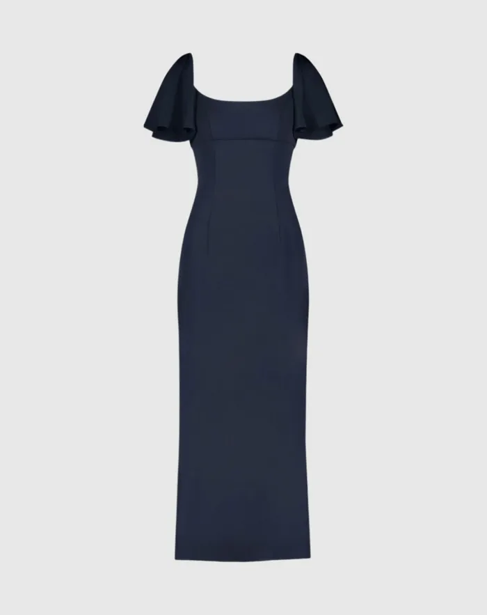 Crepe Fitted Column Dress With Short Ruffle Sleeves Navy Women Every Day Dresses Mac Duggal