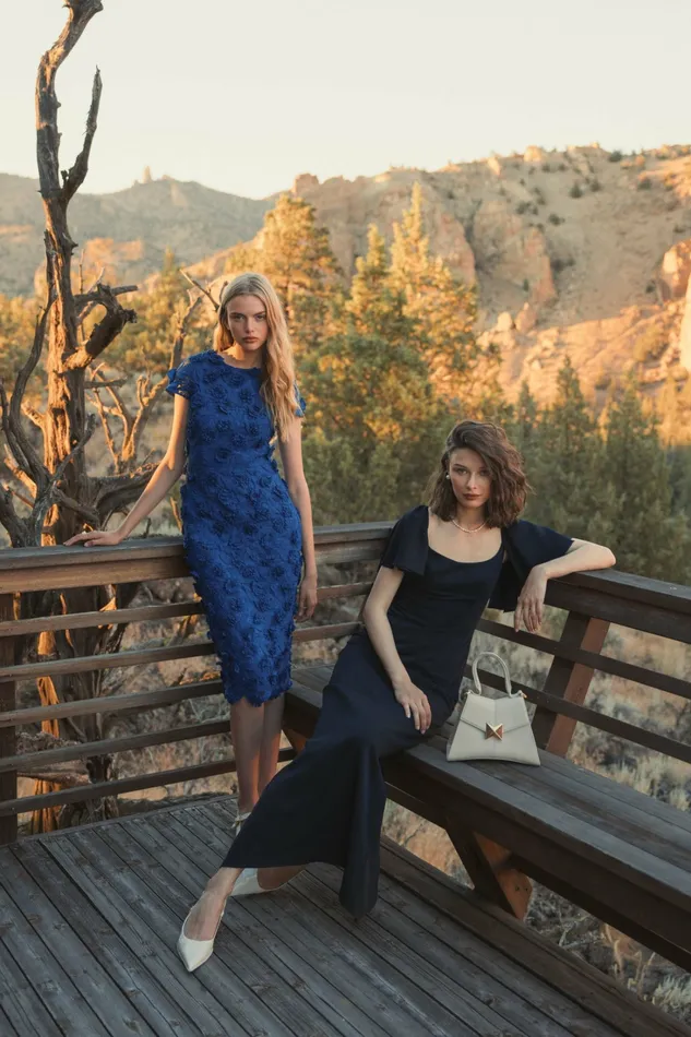 Crepe Fitted Column Dress With Short Ruffle Sleeves Navy Women Every Day Dresses Mac Duggal