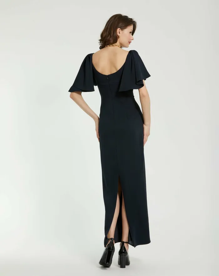 Crepe Fitted Column Dress With Short Ruffle Sleeves Navy Women Every Day Dresses Mac Duggal