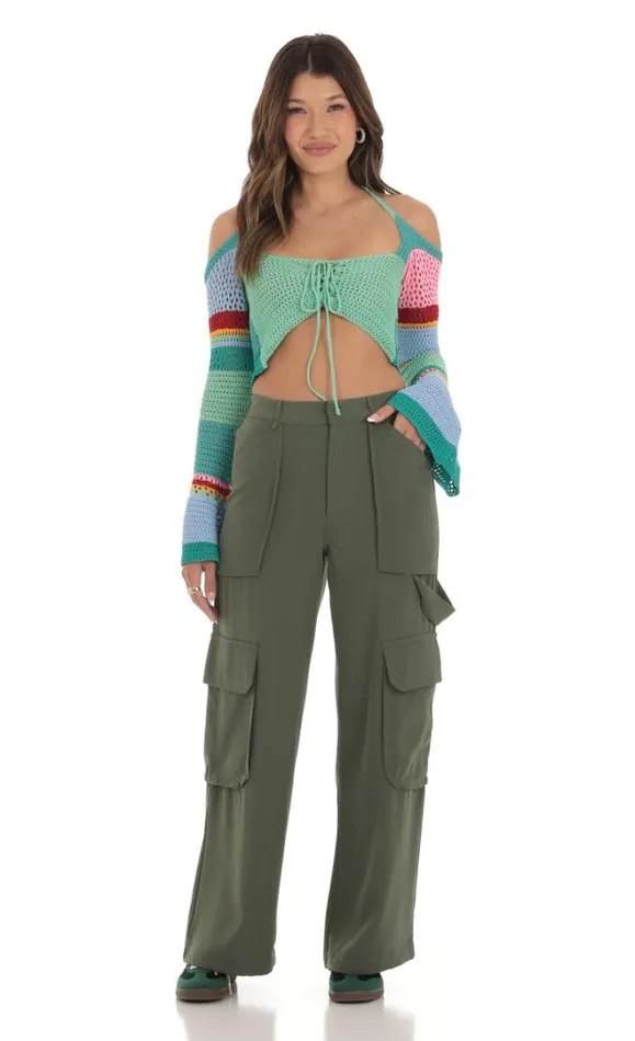 Crochet Bell Sleeve Top Multi Blue Women LUCY IN THE SKY Jumpers and Cardigans Crochet Bell Sleeve Top Multi Blue Women LUCY IN THE SKY Jumpers and Cardigans