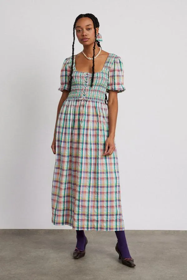 Damson Madder Coords Women Luna Shirred Midi Dress 8211 Picnic Check