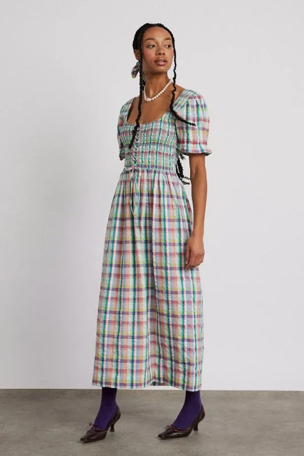 Damson Madder Coords Women Luna Shirred Midi Dress 8211 Picnic Check