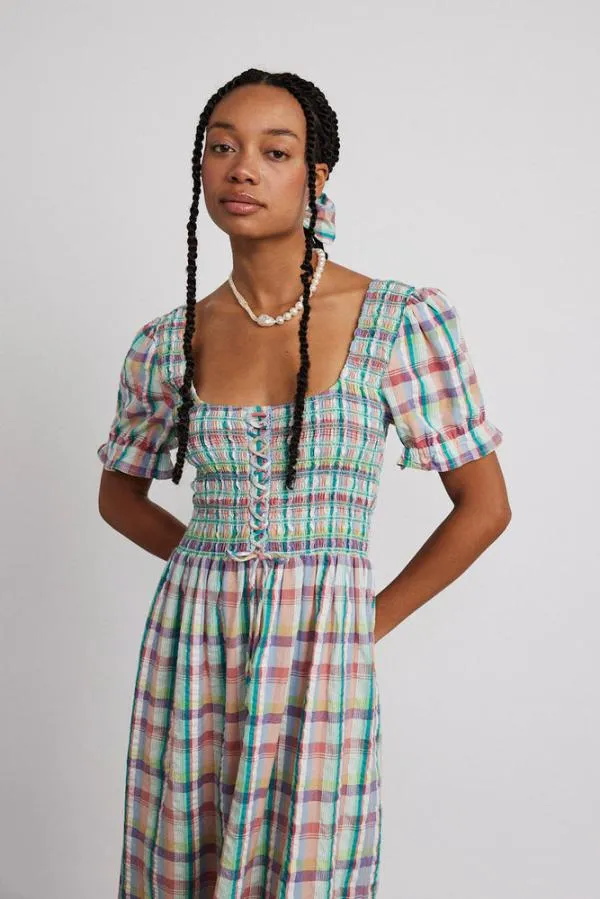 Damson Madder Coords Women Luna Shirred Midi Dress 8211 Picnic Check