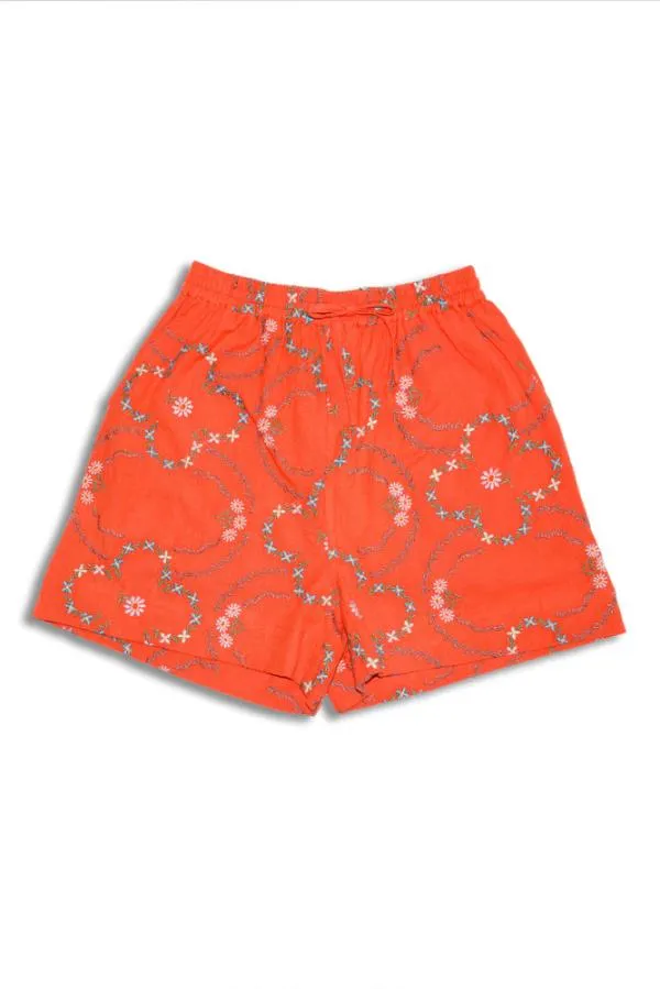 Damson Madder Coords Women Table Cloth Shorts 8211 Red Flower Embroidery