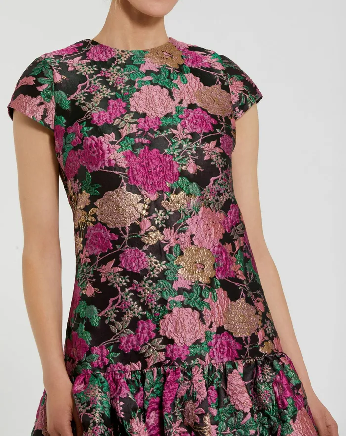 Daytime Dresses Brocade Cap Sleeve Mini Dress With Ruffle Hem Black Multi Mac Duggal Women