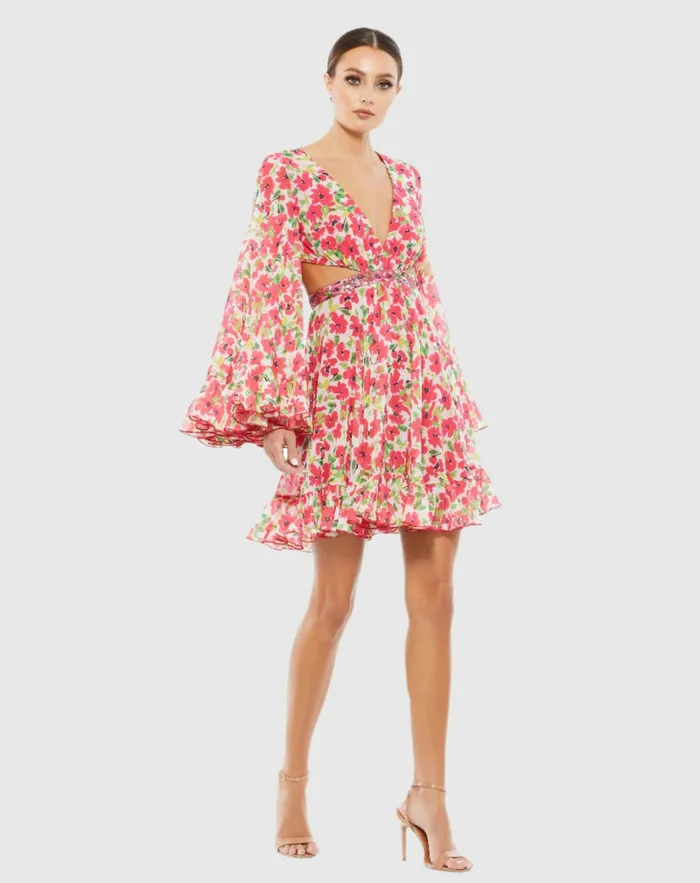 Daytime Dresses Floral Cut Out V Neck Bell Sleeve Mini Dress Pink Multi 8211 Mac Duggal Women Daytime Dresses Floral Cut Out V Neck Bell Sleeve Mini Dress Pink Multi 8211 Mac Duggal Women