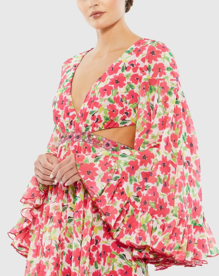 Daytime Dresses Floral Cut Out V Neck Bell Sleeve Mini Dress Pink Multi 8211 Mac Duggal Women Daytime Dresses Floral Cut Out V Neck Bell Sleeve Mini Dress Pink Multi 8211 Mac Duggal Women