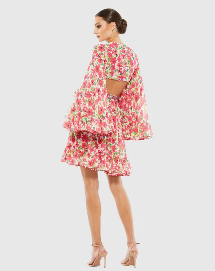 Daytime Dresses Floral Cut Out V Neck Bell Sleeve Mini Dress Pink Multi 8211 Mac Duggal Women Daytime Dresses Floral Cut Out V Neck Bell Sleeve Mini Dress Pink Multi 8211 Mac Duggal Women