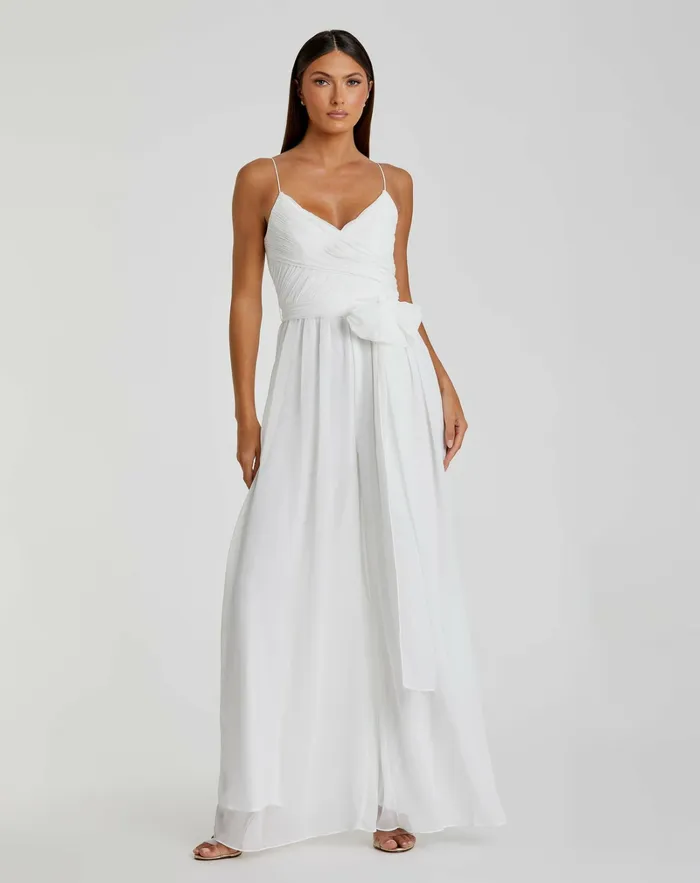 Daytime Dresses Mac Duggal Women Flowy Faux Wrap Jumpsuit White