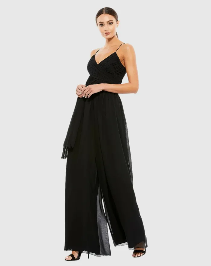 Daytime Dresses Mac Duggal Women Flowy Faux Wrap Jumpsuit White