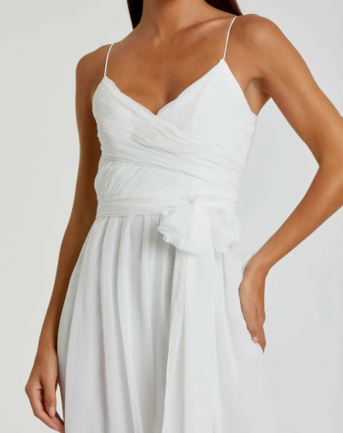 Daytime Dresses Mac Duggal Women Flowy Faux Wrap Jumpsuit White
