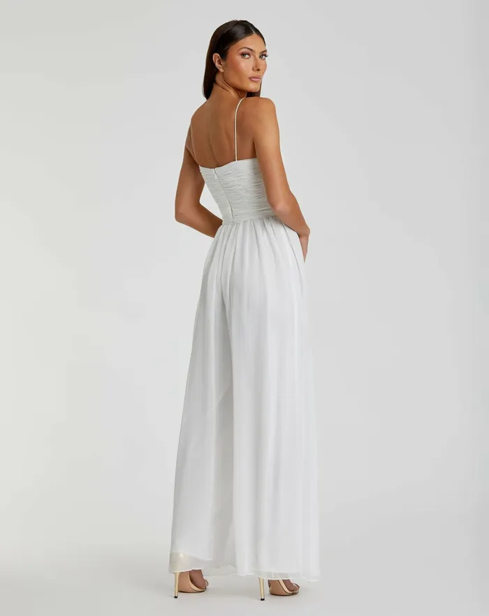 Daytime Dresses Mac Duggal Women Flowy Faux Wrap Jumpsuit White