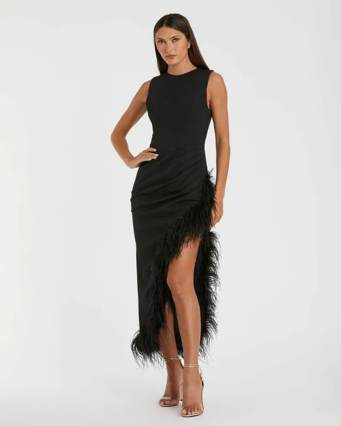 Daytime Dresses Mac Duggal Women Sleeveless Faux Wrap Dress with Feather Detail Black