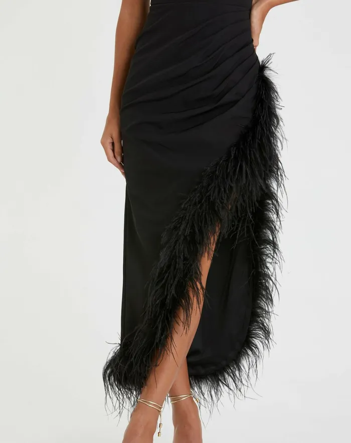 Daytime Dresses Mac Duggal Women Sleeveless Faux Wrap Dress with Feather Detail Black Daytime Dresses Mac Duggal Women Sleeveless Faux Wrap Dress with Feather Detail Black