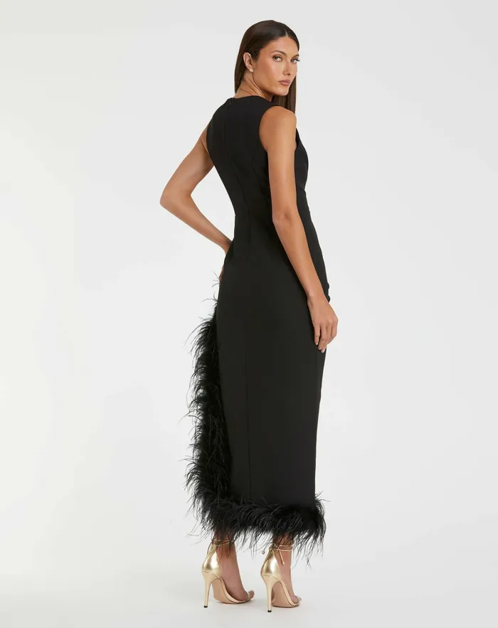Daytime Dresses Mac Duggal Women Sleeveless Faux Wrap Dress with Feather Detail Black Daytime Dresses Mac Duggal Women Sleeveless Faux Wrap Dress with Feather Detail Black
