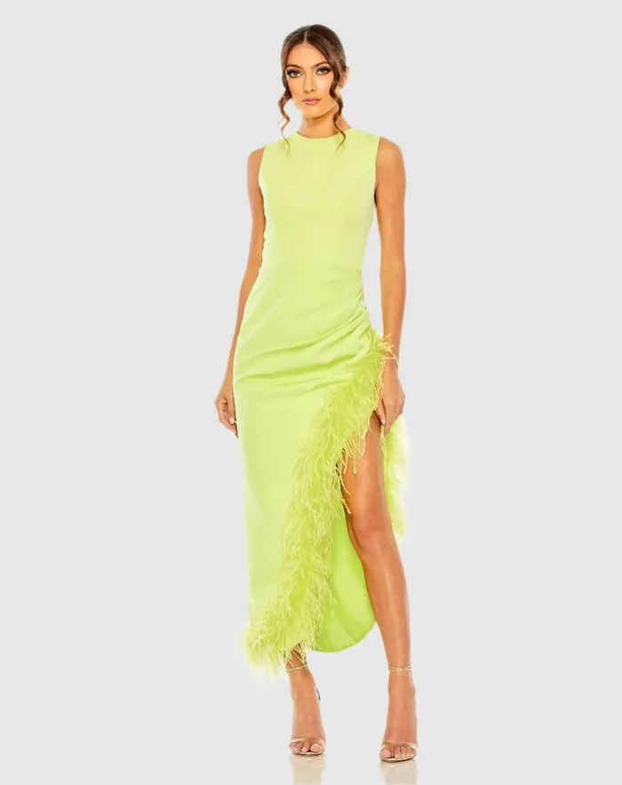 Daytime Dresses Mac Duggal Women Sleeveless Faux Wrap Dress with Feather Detail Black Daytime Dresses Mac Duggal Women Sleeveless Faux Wrap Dress with Feather Detail Black