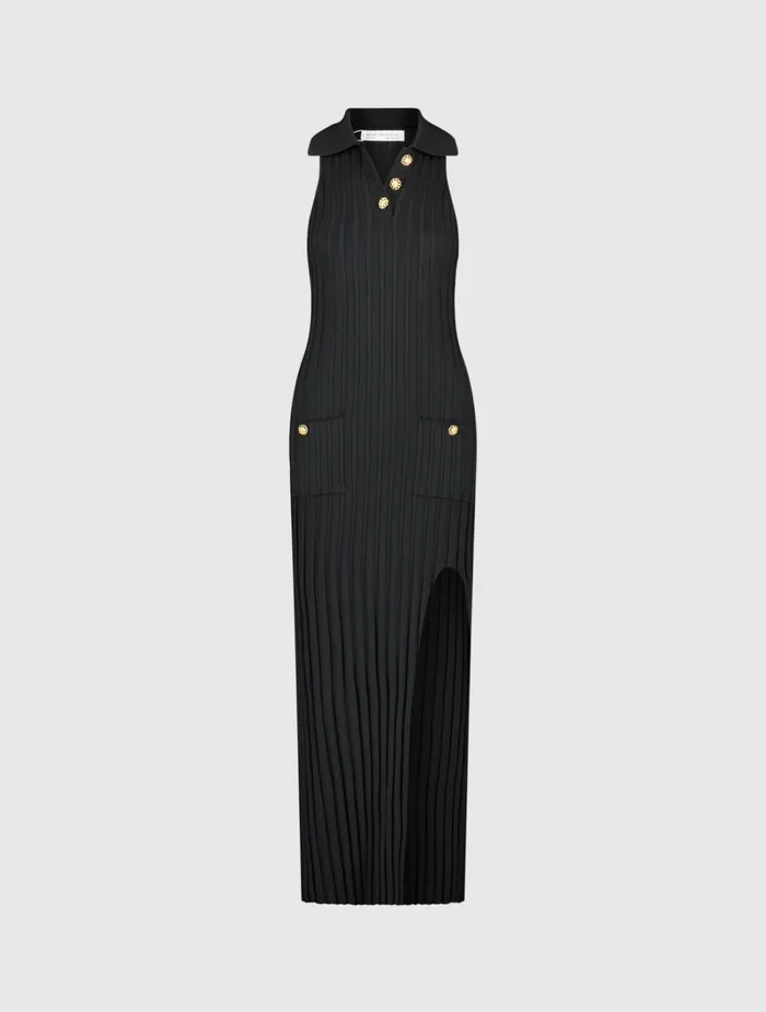 Daytime Dresses Rib Knit Collared Sleeveless Fitted Maxi Dress 8211 FINAL SALE Black Mac Duggal Women