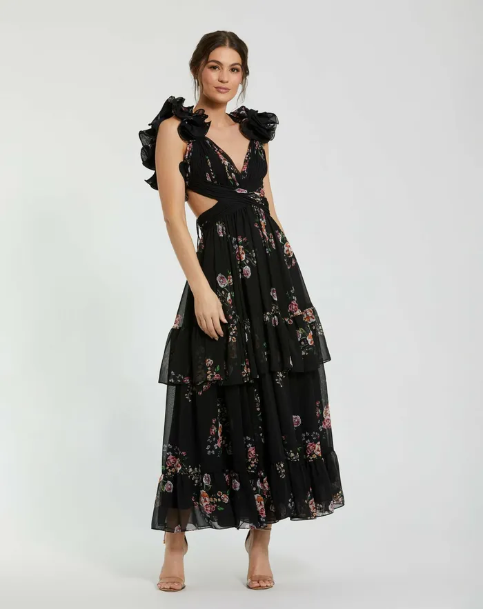 Daytime Dresses Ruffle Tiered CutOut Floral Print Chiffon Dress Black Multi 8211 Mac Duggal Women