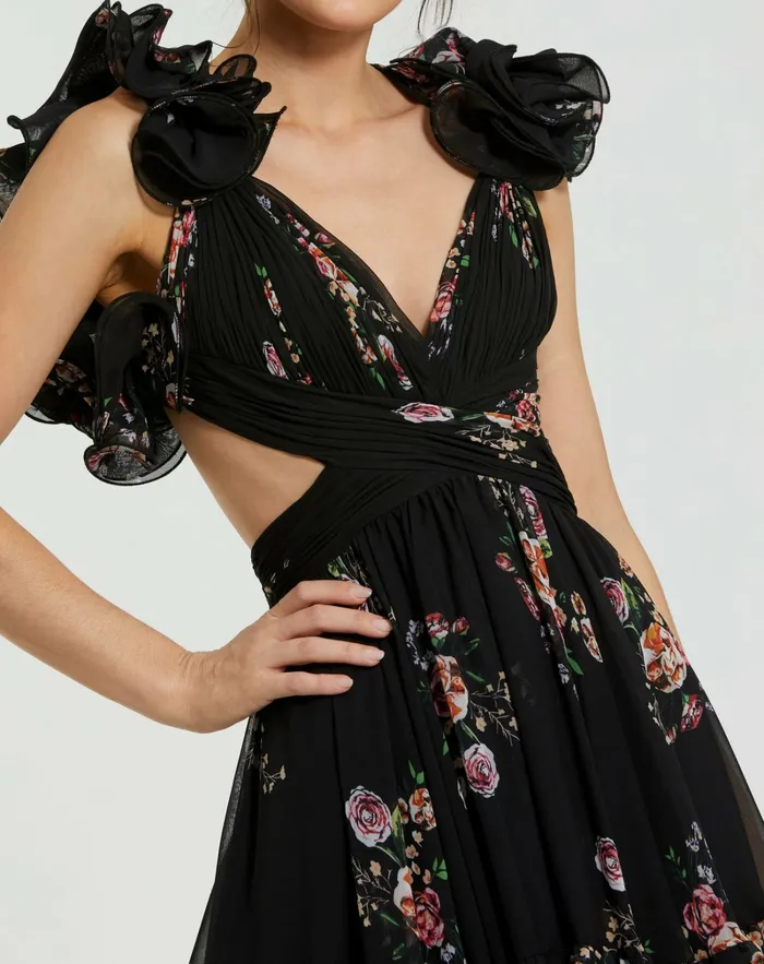 Daytime Dresses Ruffle Tiered CutOut Floral Print Chiffon Dress Black Multi 8211 Mac Duggal Women
