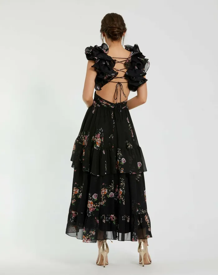 Daytime Dresses Ruffle Tiered CutOut Floral Print Chiffon Dress Black Multi 8211 Mac Duggal Women