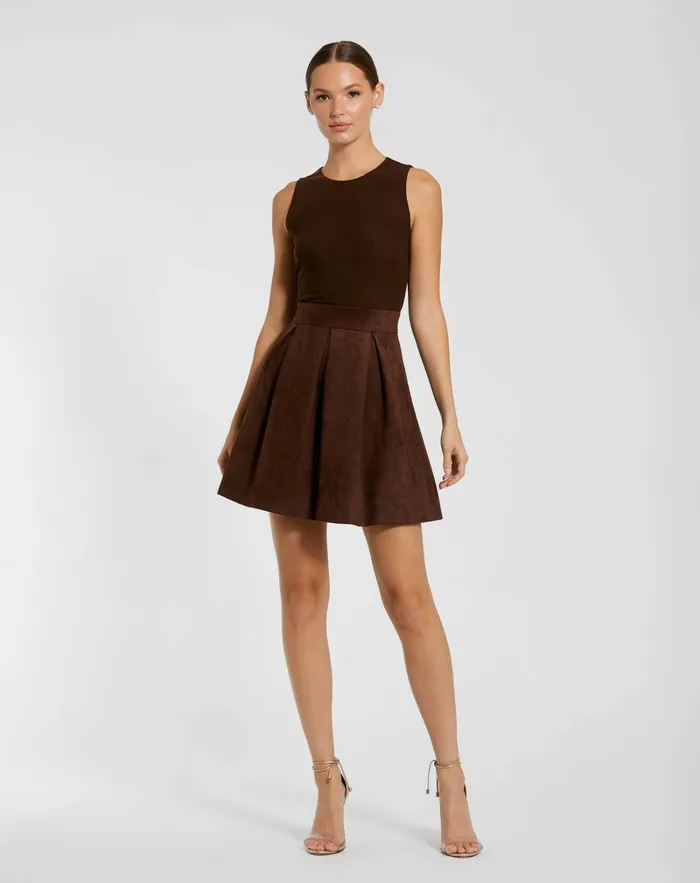 Daytime Dresses Sleeveless Mesh And Suede A Line Mini Dress Chocolate Mac Duggal Women