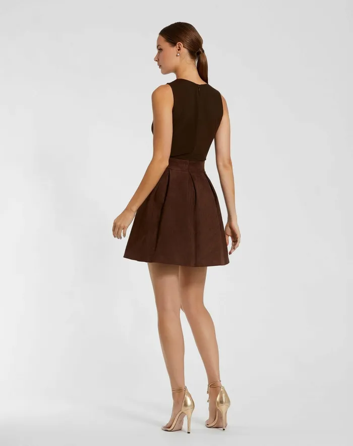 Daytime Dresses Sleeveless Mesh And Suede A Line Mini Dress Chocolate Mac Duggal Women Daytime Dresses Sleeveless Mesh And Suede A Line Mini Dress Chocolate Mac Duggal Women