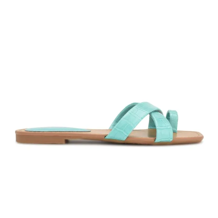 Dotty Flat Slide Sandals Aqua Blue Embossed Croco Women Nine West Sandals