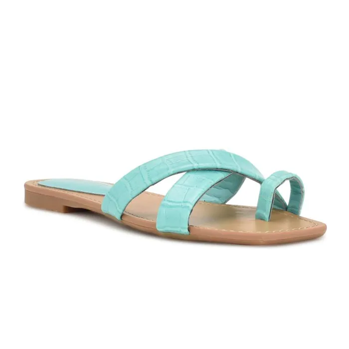 Dotty Flat Slide Sandals Aqua Blue Embossed Croco Women Nine West Sandals Dotty Flat Slide Sandals Aqua Blue Embossed Croco Women Nine West Sandals