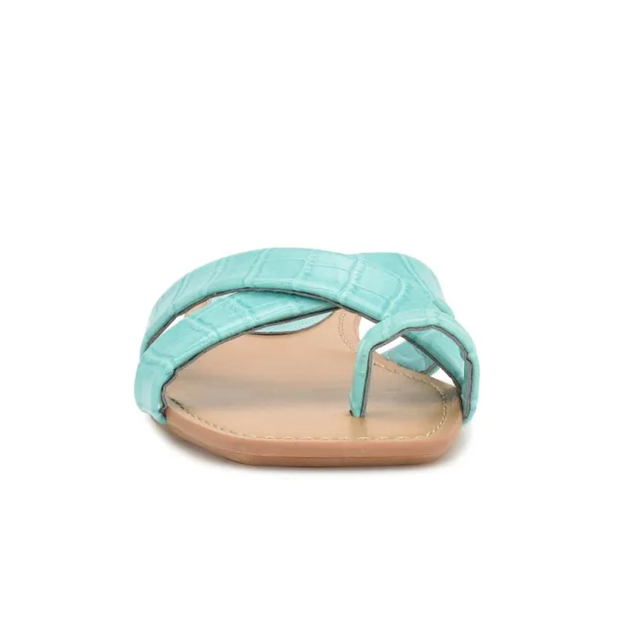 Dotty Flat Slide Sandals Aqua Blue Embossed Croco Women Nine West Sandals Dotty Flat Slide Sandals Aqua Blue Embossed Croco Women Nine West Sandals