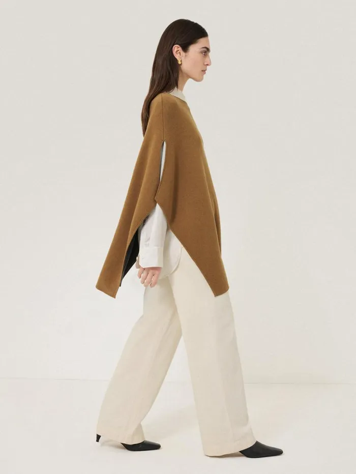 Double Face Knit Poncho Toffee Women Jigsaw Ponchos and Scarves