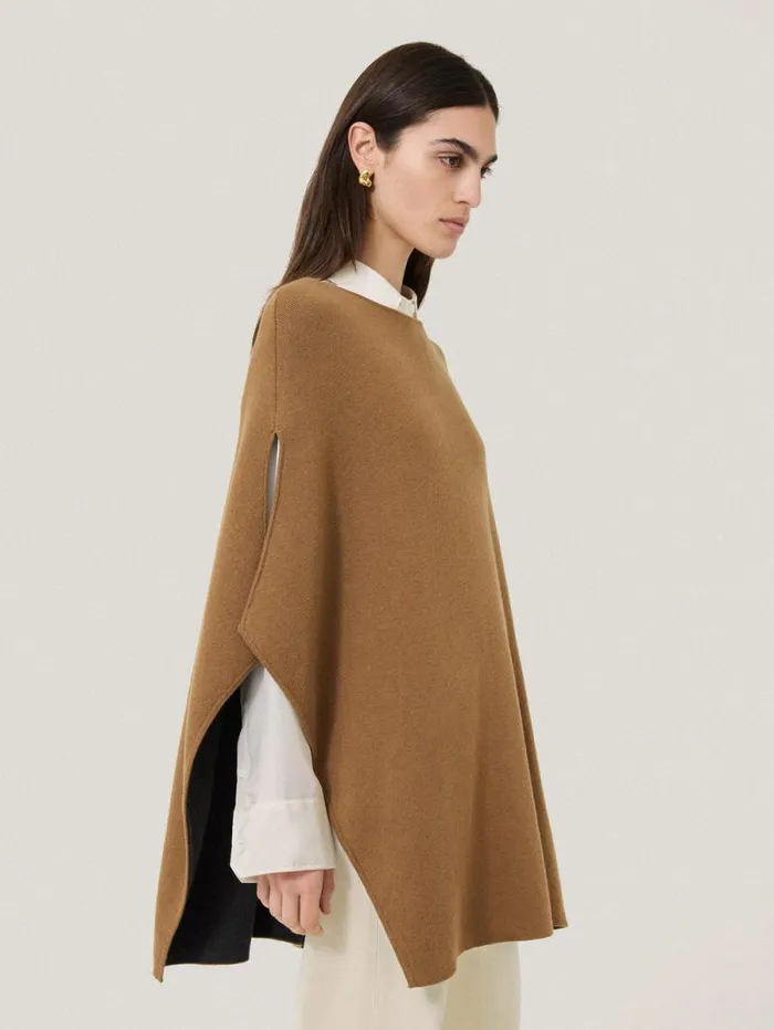 Double Face Knit Poncho Toffee Women Jigsaw Ponchos and Scarves