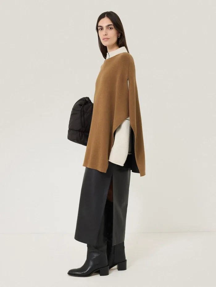 Double Face Knit Poncho Toffee Women Jigsaw Ponchos and Scarves