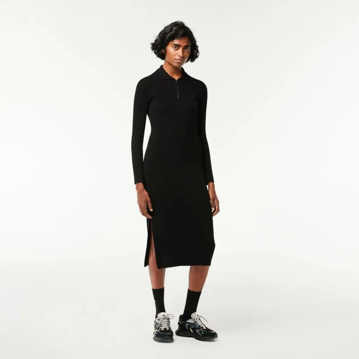 Dresses Women Lacoste Women039s Long Seamless Knit Ribbed Polo Dress Black 031