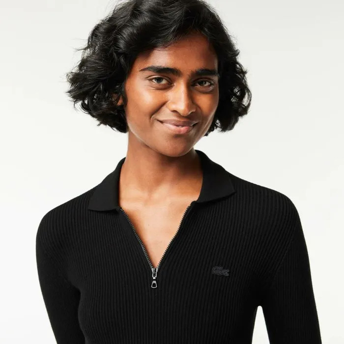 Dresses Women Lacoste Women039s Long Seamless Knit Ribbed Polo Dress Black 031
