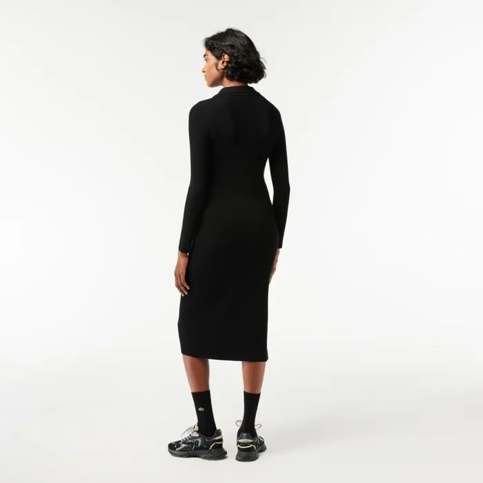 Dresses Women Lacoste Women039s Long Seamless Knit Ribbed Polo Dress Black 031