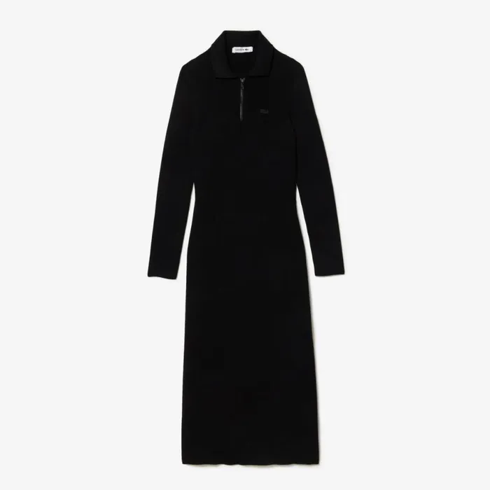 Dresses Women Lacoste Women039s Long Seamless Knit Ribbed Polo Dress Black 031