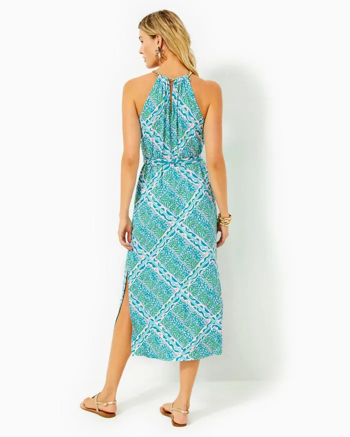 Dresses Women Lilly Pulitzer Bingham Halter Midi Dress Prism Blue Good Greef Engineered Knit Dress