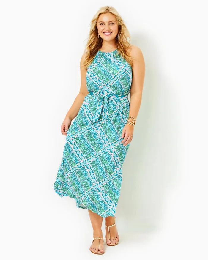 Dresses Women Lilly Pulitzer Bingham Halter Midi Dress Prism Blue Good Greef Engineered Knit Dress