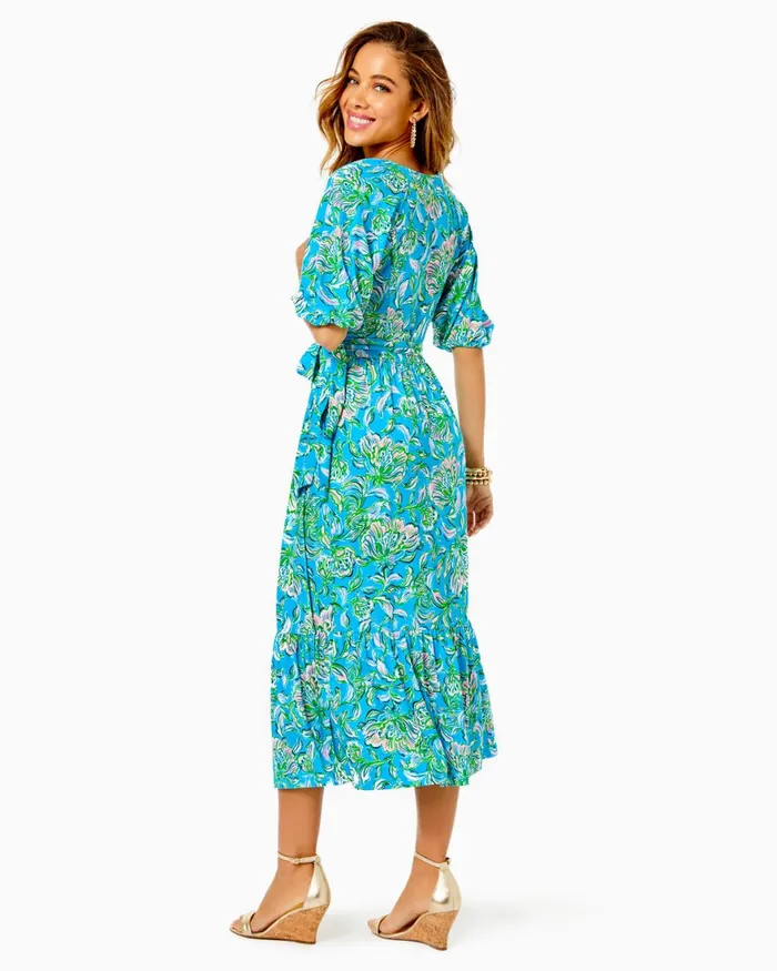 Dresses Women Lilly Pulitzer Brantley Midi Wrap Dress Cumulus Blue Chick Magnet