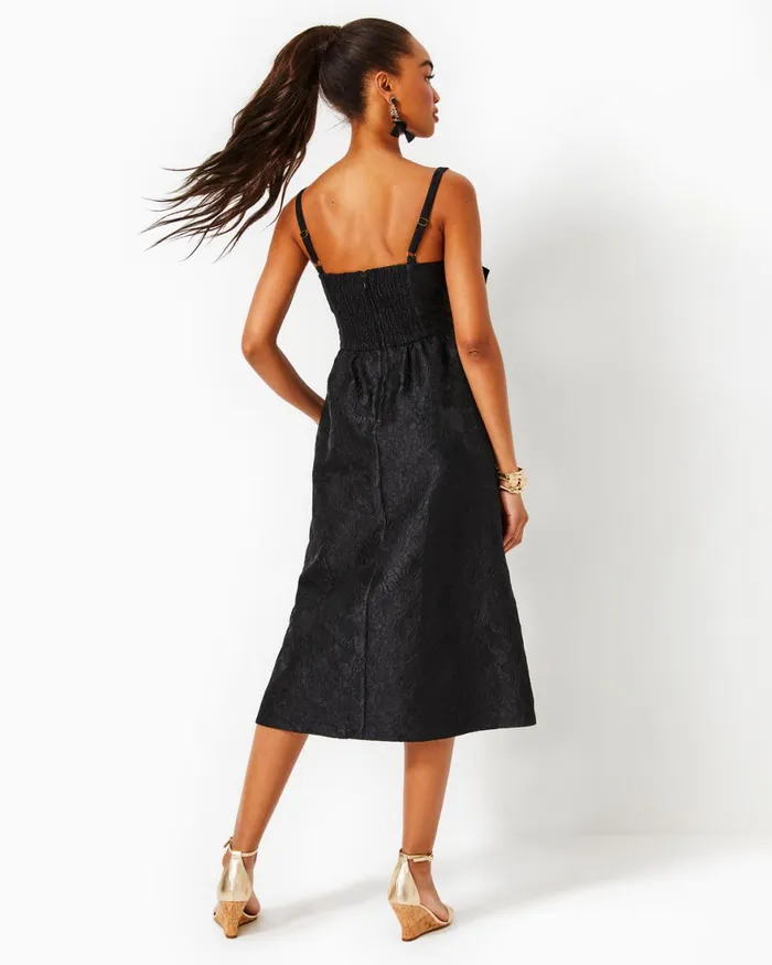 Dresses Women Lilly Pulitzer Ellara Jacquard Midi Bow Dress Onyx Leaf An Impression Jacquard