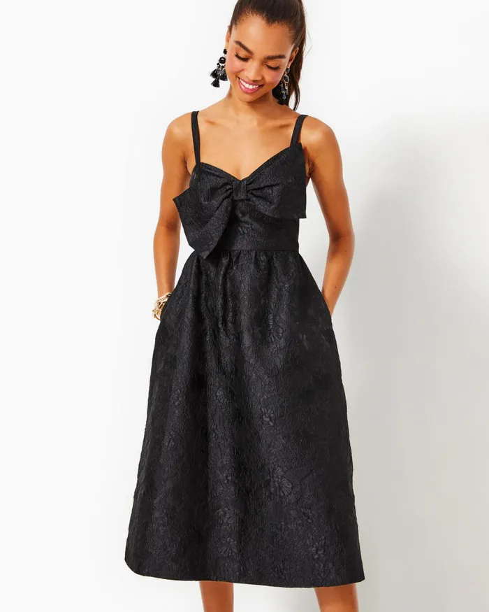 Dresses Women Lilly Pulitzer Ellara Jacquard Midi Bow Dress Onyx Leaf An Impression Jacquard Dresses Women Lilly Pulitzer Ellara Jacquard Midi Bow Dress Onyx Leaf An Impression Jacquard