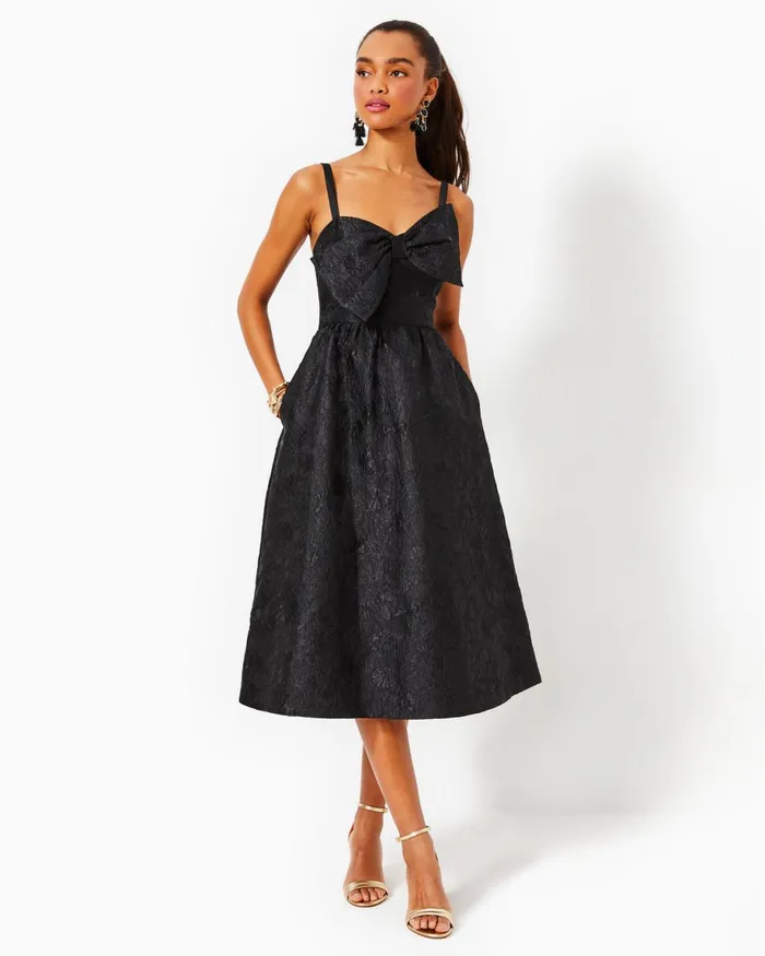 Dresses Women Lilly Pulitzer Ellara Jacquard Midi Bow Dress Onyx Leaf An Impression Jacquard Dresses Women Lilly Pulitzer Ellara Jacquard Midi Bow Dress Onyx Leaf An Impression Jacquard