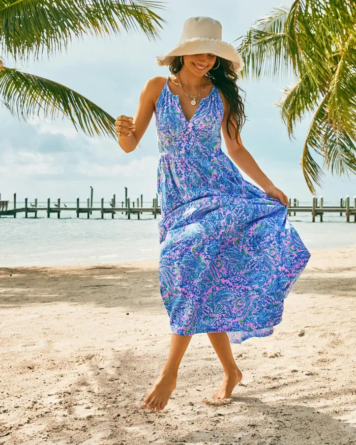 Dresses Women Lilly Pulitzer UPF 50 Solia ChillyLilly Dress Oyster Bay Navy Shroom With A View