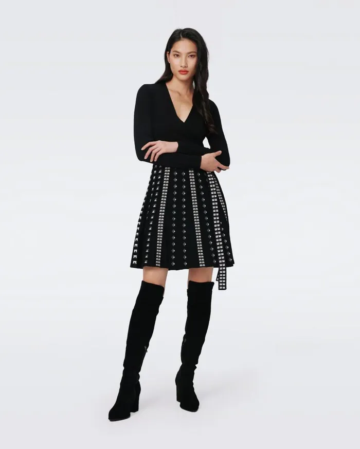 DVF Dresses Women Chelsea Knit Jacquard Dress Black And Stud