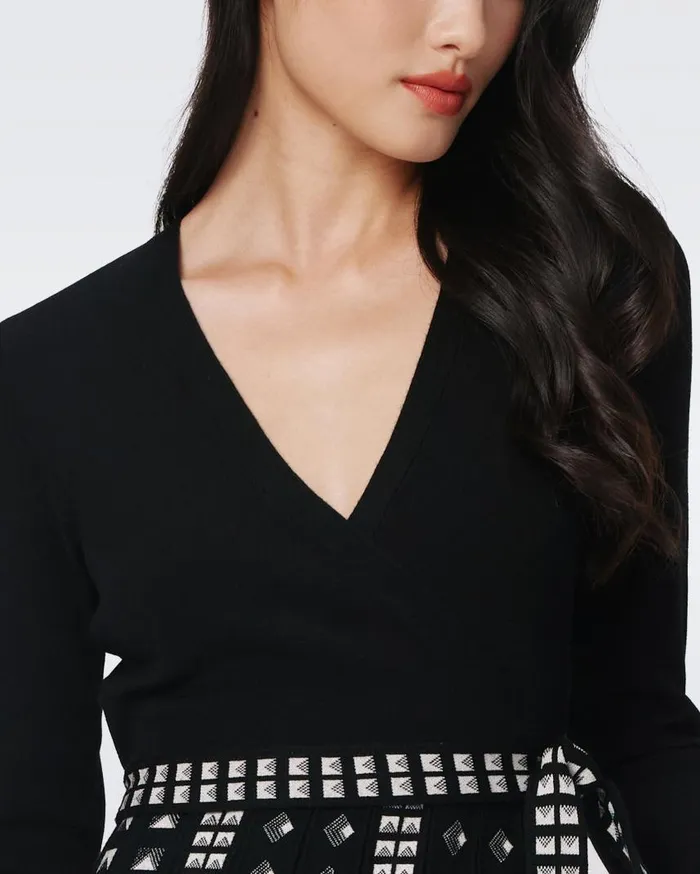 DVF Dresses Women Chelsea Knit Jacquard Dress Black And Stud